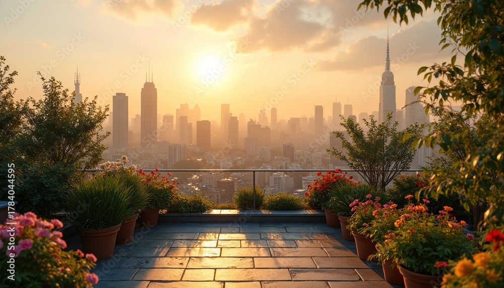 Obraz premium Rooftop garden offers serene urban oasis at sunrise. Green plants, colorful flowers frame stunning city skyline view. Tranquil space provides relaxation in metropolitan life, natures beauty.
