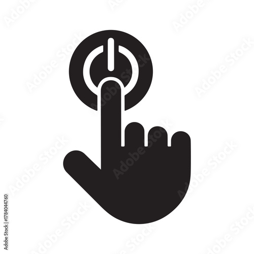 Hand Pressing Power Button Icon – Touch Start Symbol for Technology, App, and Interface Design.
