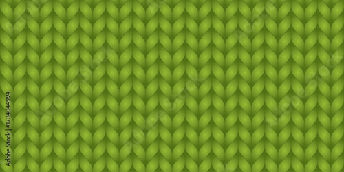 Realistic green knitted fabric texture. Close-up accurate Xmas knitted seamless pattern. Cozy wool sweater backdrop for Christmas wallpaper design, winter project, or craft template. Vector