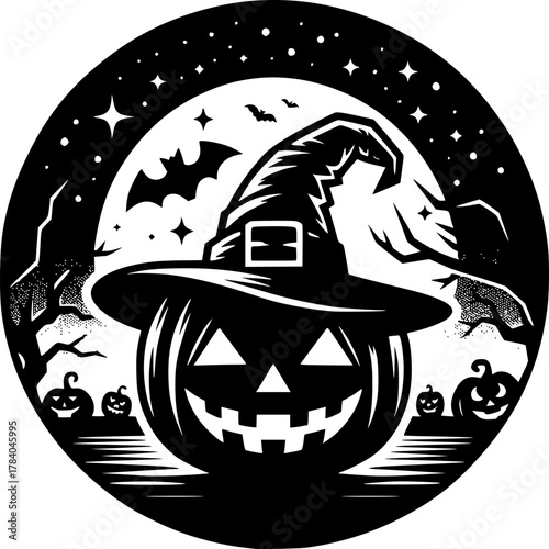 Spooky Pumpkin: A whimsical Halloween illustration, featuring a grinning pumpkin wearing a witch hat against a starry night and full moon backdrop.