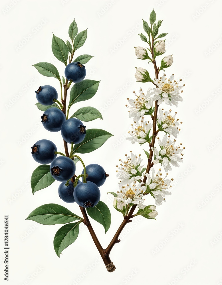 Fototapeta premium Botanical illustration displays Prunus spinosa. Branches show deep blue berries and delicate white blossoms. Art piece offers a detailed view of the medicinal plant with vibrant colors.