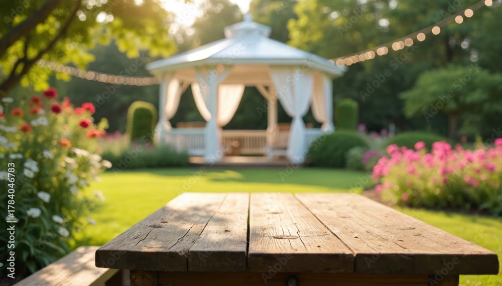 Fototapeta premium Rustic wooden table in garden with gazebo. Sunny day, soft light, perfect for outdoor events. Flowers and greenery surround the table. A scene ideal for a summer celebration.