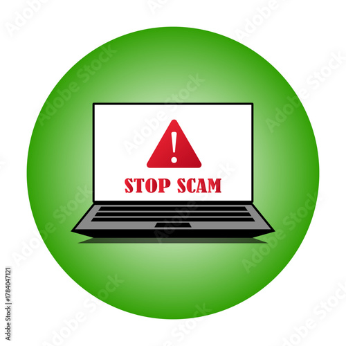 Realistic Laptop notebook mockup displaying cybersecurity alert message Stop Scam