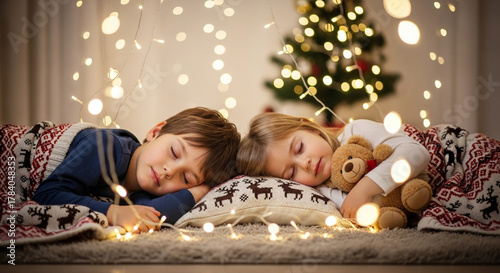 Children sleeping under Christmas lights, peaceful dreamy faces, cinematic soft glow, cozy warmth