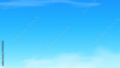 A vibrant brightly lit blue sky with soft, wispy white clouds clustering near the horizon. Illustration provides a cheerful and serene background, ideal for weather, nature or abstract design concepts