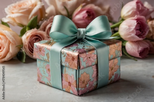 Gift box with pastel floral design and a ribbon bow, surrounded by flowers