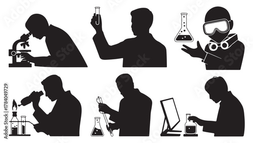 Silhouettes of scientists in a laboratory conducting experiments with microscopes beakers and test tubes vector illustration