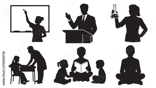 Set of education and teaching silhouette icons vector illustration of teacher student and classroom activities isolated on white background