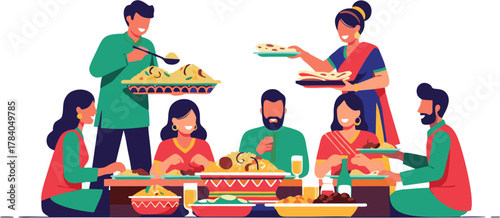 Vibrant illustration of a joyful South Asian family and friends gathering to share a traditional festive meal, celebrating culture, community spirit, and togetherness