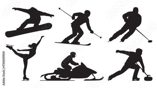 Collection of winter sport silhouettes vector illustration of various activities like skiing snowboarding and ice skating isolated on white