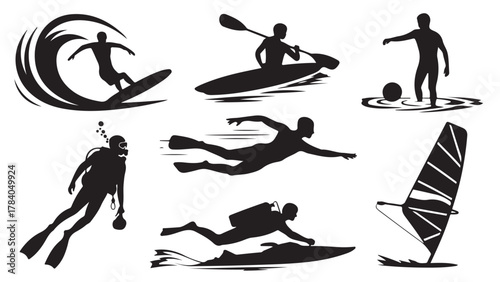 Set of black silhouette water sports icons vector illustration of surfing kayaking diving windsurfing and swimming isolated on white background