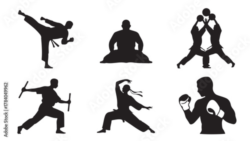Set of martial arts silhouettes including karate boxing and kung fu vector illustration isolated on white background