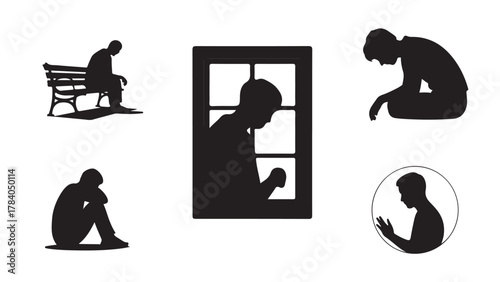 Set of depression silhouette icons sad and lonely people in various poses flat vector illustration isolated on white background