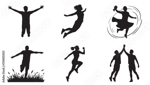Set of silhouette people jumping and running vector illustration of active lifestyle isolated on white background
