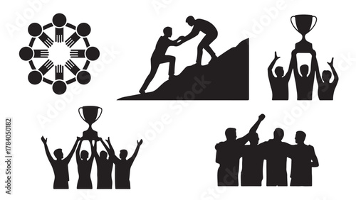 Set of teamwork and achievement icons simple black silhouette vector design isolated on white background