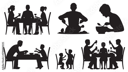 Silhouette vector illustration of people eating cooking and spending time together simple black and white design for family and lifestyle concepts