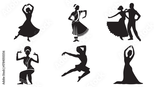 Set of diverse dancing silhouettes elegant vector illustration of various dance styles isolated on white background