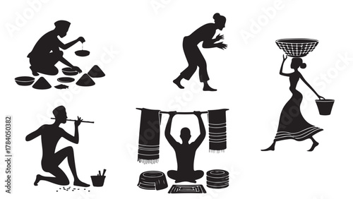 Set of African tribal silhouette illustrations depicting traditional activities and customs vector design element isolated on white background