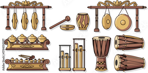 A collection of illustrated traditional Indonesian Gamelan musical instruments for cultural performances