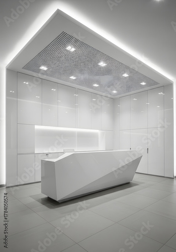 Modern minimalist reception desk with dramatic ceiling lighting