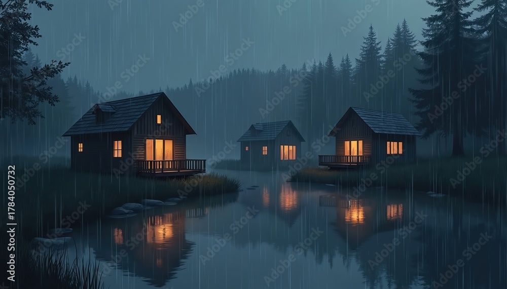 Fototapeta premium Three cabins sit by a dark lake during heavy rain. Warm lights glow from windows. Pine trees form a backdrop on a hill. The atmosphere is gloomy and wet.