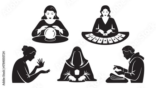 Set of fortune teller icons vector illustration of spiritual and mystical practices isolated on white background