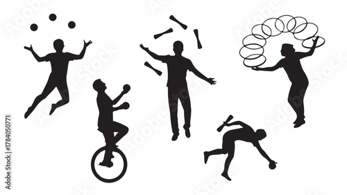 Silhouette of jugglers performing various acts vector illustration of circus performers isolated on white background