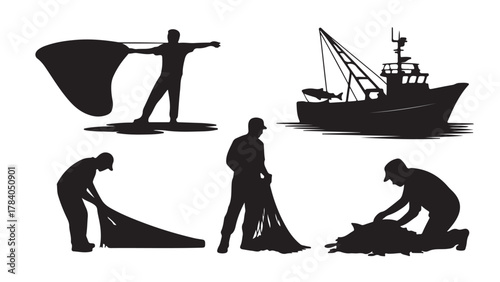 Silhouette of fishermen with nets and a fishing boat vector illustration for maritime industry and seafood concepts isolated on white