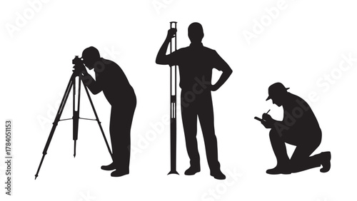 Silhouette of surveyors working with tripod and measuring equipment vector illustration for construction engineering and land surveying projects