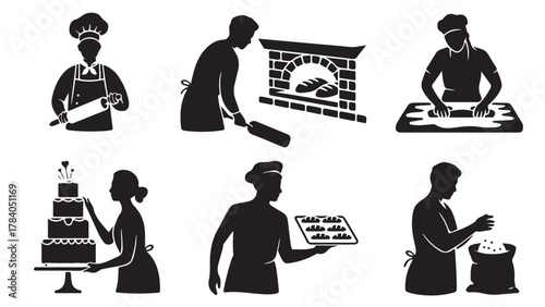 Set of bakery icons silhouette vector illustration of bakers and baking equipment isolated on white background
