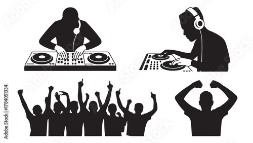 Set of DJ and crowd silhouettes vector illustrations of party people and disc jockeys isolated on white background