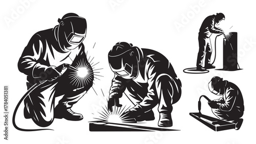 Welder silhouette set industrial worker welding metal vector illustration isolated on white background