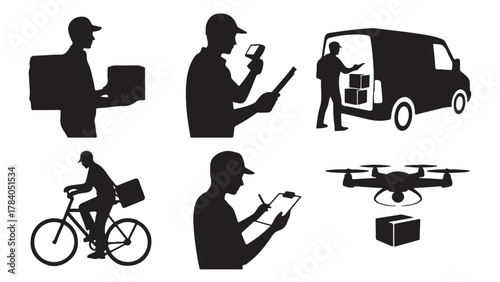 Delivery service silhouette icons featuring courier van bicycle and drone vector illustration for logistics and transportation