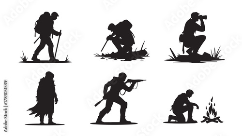 Set of silhouette hiker icons outdoor adventure vector illustration isolated on white background