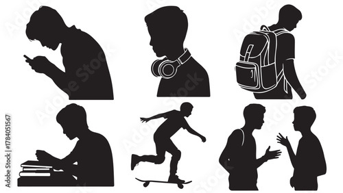 Set of silhouette teenager icons vector illustration of student life and activities isolated on white background