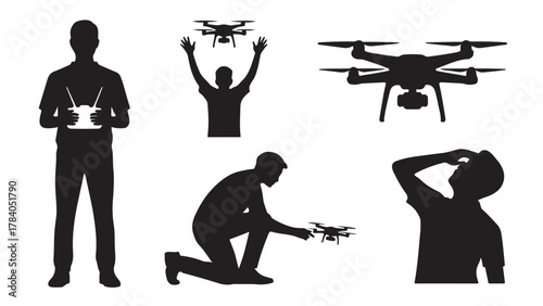 Drone operator silhouette set various poses of a person controlling a drone vector illustration isolated on white background