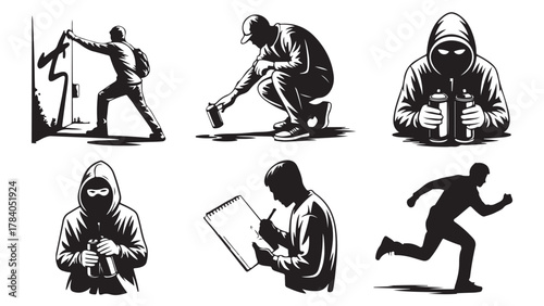 Set of graffiti artist illustrations vector silhouette collection of urban art activities isolated on white background