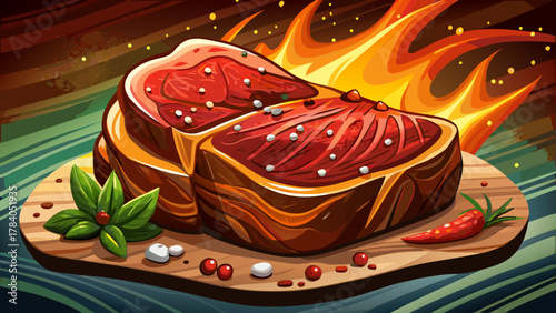 Very beautiful close-up of thick picanha steak being seasoned with salt and black pepper, featuring detailed textures, rich meat color, and a realistic gourmet cooking scene.