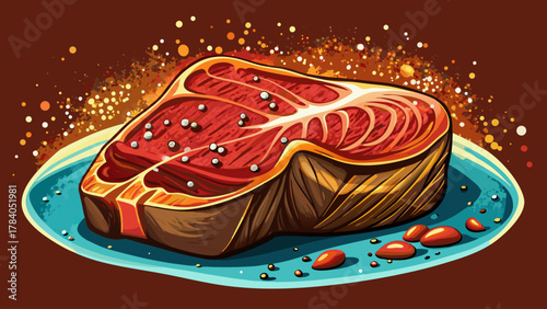 Very beautiful close-up of thick picanha steak being seasoned with salt and black pepper, featuring detailed textures, rich meat color, and a realistic gourmet cooking scene.