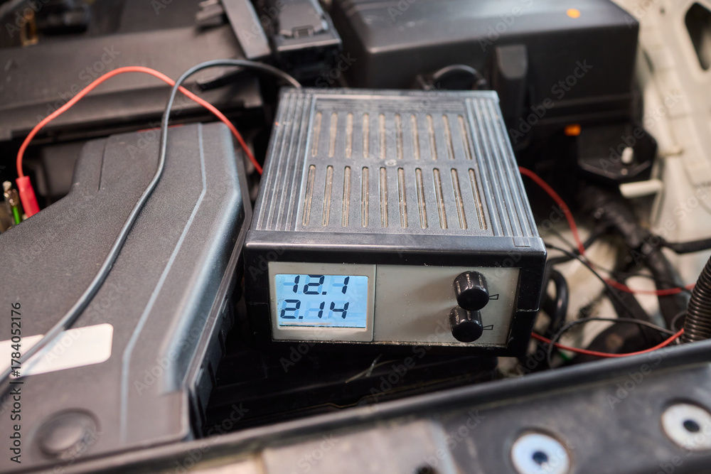 Fototapeta premium Technician analyzing amplifier during workshop inspection, Audio technician conducting diagnostic analysis of car stereo system under laboratory lighting conditions