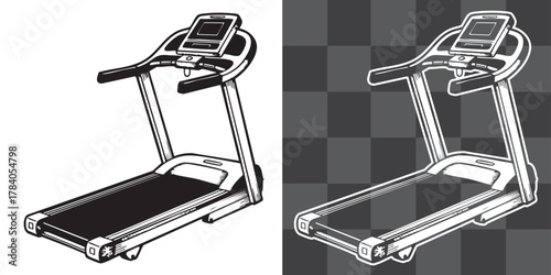 Vintage vector engraving illustration of treadmill isolated on transparent background, detailed monochrome and outline gym equipment artwork symbolizing fitness, exercise, and modern lifestyle
