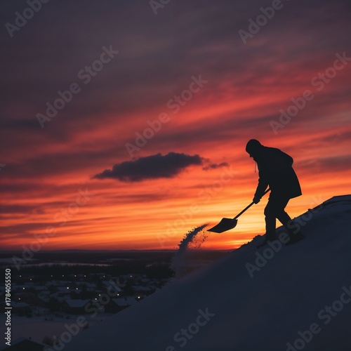 Silhouette of a person shoveling snow off a rooftop at sunset