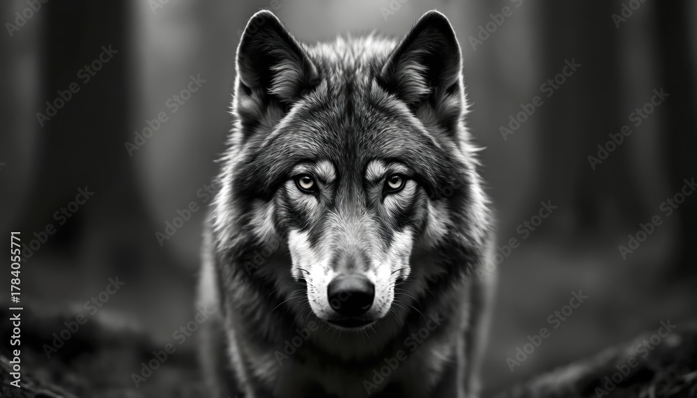 Fototapeta premium Close-up of wolf in forest. Wolf looks straight with intense gaze. Wild animal in natural habitat. Dark and moody atmosphere. Wolf fur and eyes in sharp focus.
