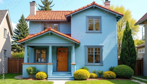 Fototapeta Naklejka Na Ścianę i Meble -  Small blue house with red tile roof and wooden door. Green grass lawn and trees surround charming home. Two story residence has windows and chimney. Cozy suburban dwelling.