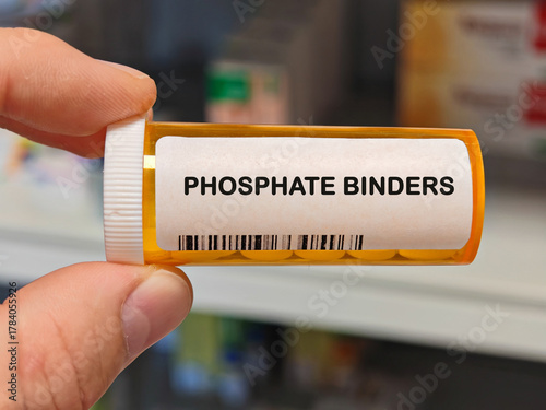 Box of PHOSPHATE BINDERS tablets on a hospital pharmacy table used to control phosphate in CKD a mineral binder.
