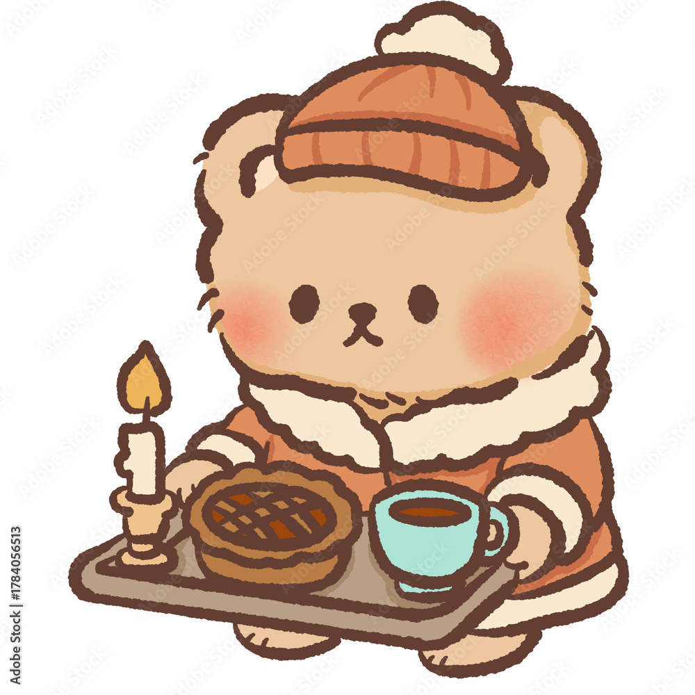 Fototapeta premium Kawaii bear holding tray with pie coffee and candle cozy winter breakfast clipart perfect for warm holiday designs and cute cottagecore projects