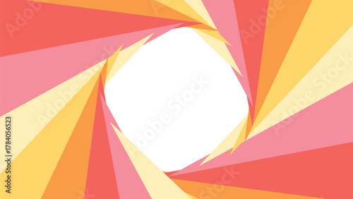 Spinning polygonal spiral frame with warm gradient triangular rays in pink, orange and yellow tones, abstract rotating border shape ideal for text placement, banner designs, invitations and presentati