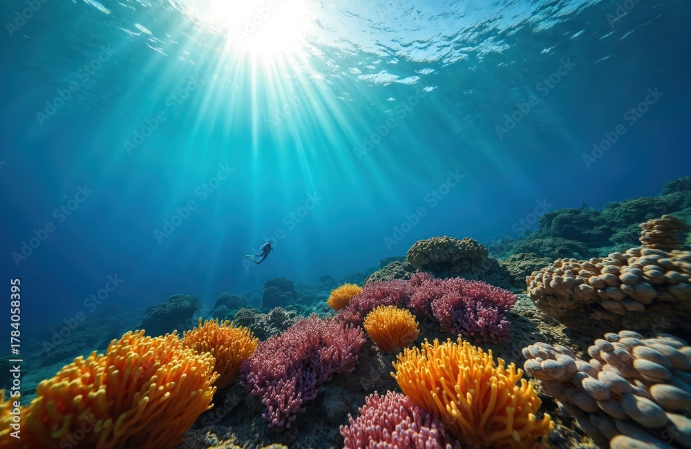Obraz premium Underwater photo with diver exploring vibrant coral reef in ocean. Sunlight rays penetrate water. Tropical marine life creates an amazing nature view. Scuba diving, vacation, travel concept.