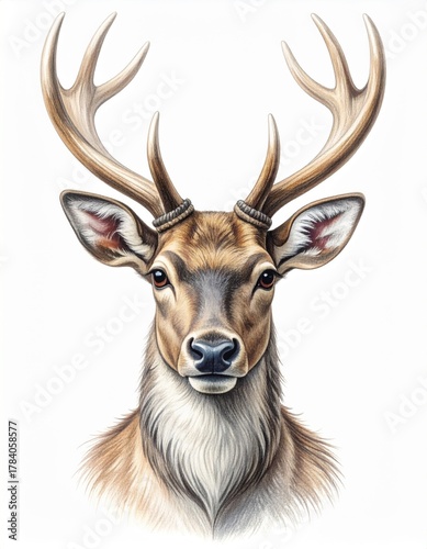 Detailed Portrait of a Brown Deer with Antlers on a White Background