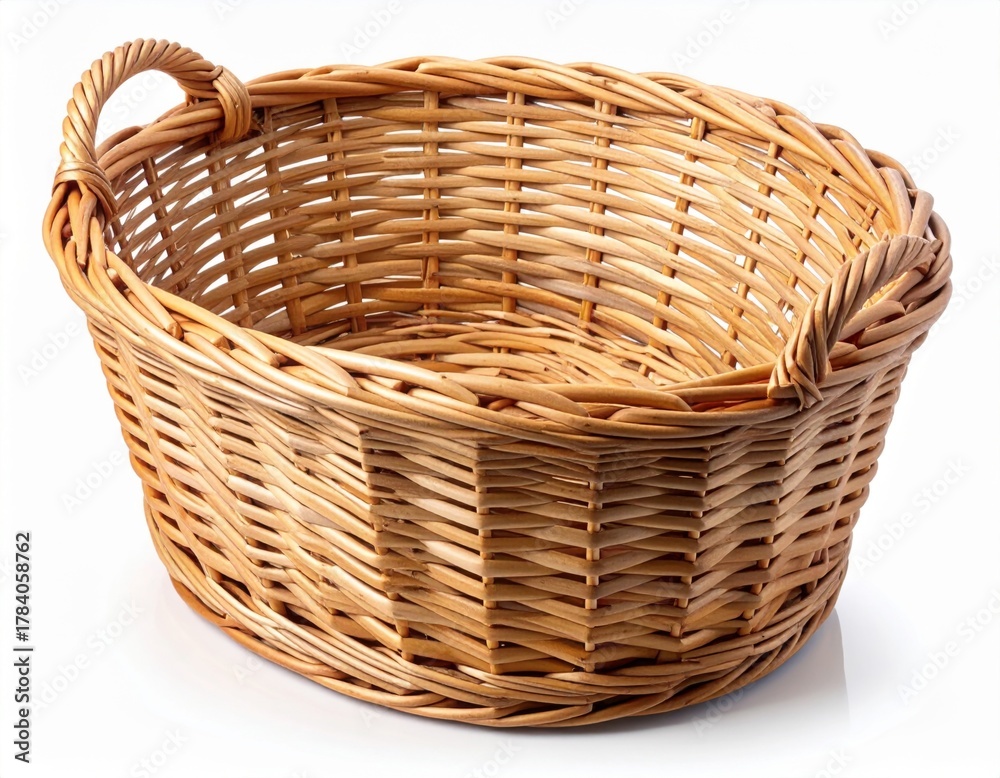 Obraz premium Woven Wicker Basket with Oval Shape and Natural Tone on White Background